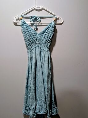 Light Blue Crochet Bodice Halter Midi Dress
